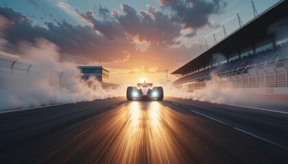 Motion blur captures an F1 race track circuit road leading to a grandstand stadium by gold sunset and a smoke of the tires, majestic shot  for electrifying Formula One competitions