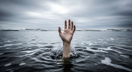 Fototapeta premium Drowning in despair: A person's hand emerges from turbulent water under a cloudy sky, representing struggle, helplessness, and emotional overwhelm. 