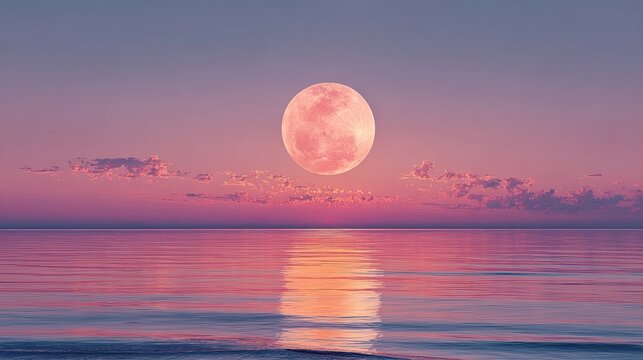 Pink moon rising over calm ocean at dusk, with clouds and reflection