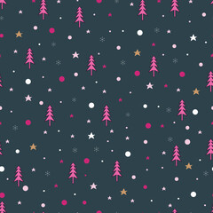 Pink Christmas tree vector seamless pattern. Holly jolly Xmas surface design of pine trees, stars, snowflakes and polka dots on blue background