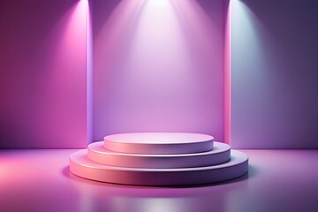 Fototapeta premium A multitiered circular podium on a stage, bathed in soft pink and purple spotlights, creating an elegant and modern presentation space