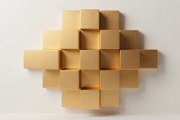 A modern geometric artwork featuring gold cubes arranged in a symmetric grid pattern, showcasing minimalist and abstract design elements.