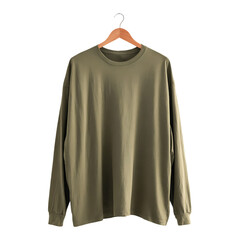 Olive green long sleeve shirt hanging on wooden hanger simple style casual wear
