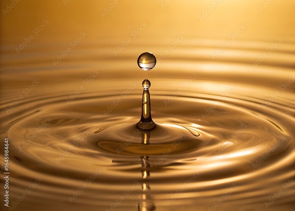 Poster golden water drop creating ripples, a captivating macro shot showcasing liquid motion and reflection