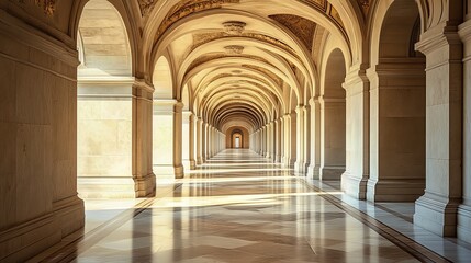 Obraz premium Archway Corridor. Sunlight streams through long arched hallway