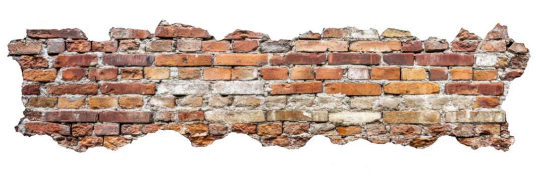 Damaged brick wall surface with rough texture isolated on transparent background