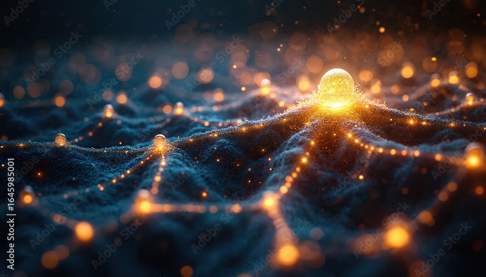 Poster 3d illustration of glowing neural network pathways. intricate transparent elements connect nodes acr