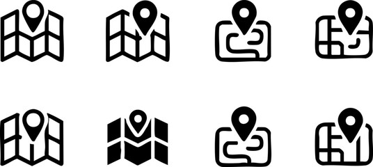 Set of Map and Location Pin Icons in Black and White Representing Navigation Travel and Direction Finding for Web and Mobile Applications 