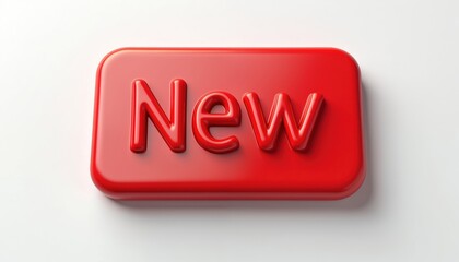 Glossy red rectangular button with raised letters spelling New. Isolated on clean white background, design element signifies product launch, special offer, fresh update. Simple, minimalist style