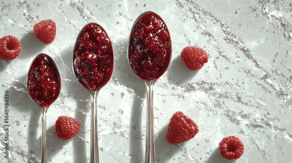 Poster three spoons with raspberry jam on them. the spoons are arranged in a row and the raspberries are sc