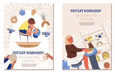Pottery, workshop, ctramics flyer, cards set, in flat design. People in the creative process. Hand drawn vector illustration.