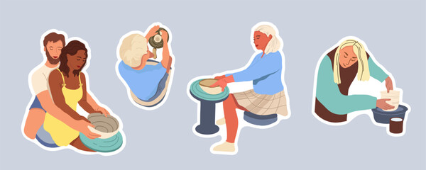 Clay crafting, characters, pottery stickers collection, set. Hand drawn doodle flat vector illustration.