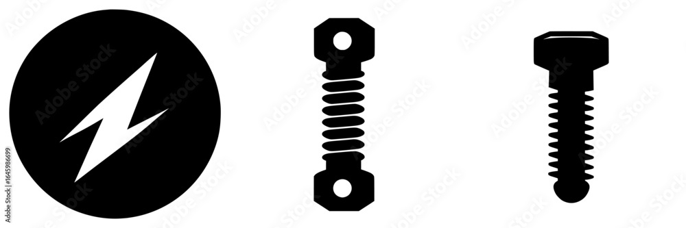 Poster symbols and shapes representing electrical components and fasteners in a black and white design