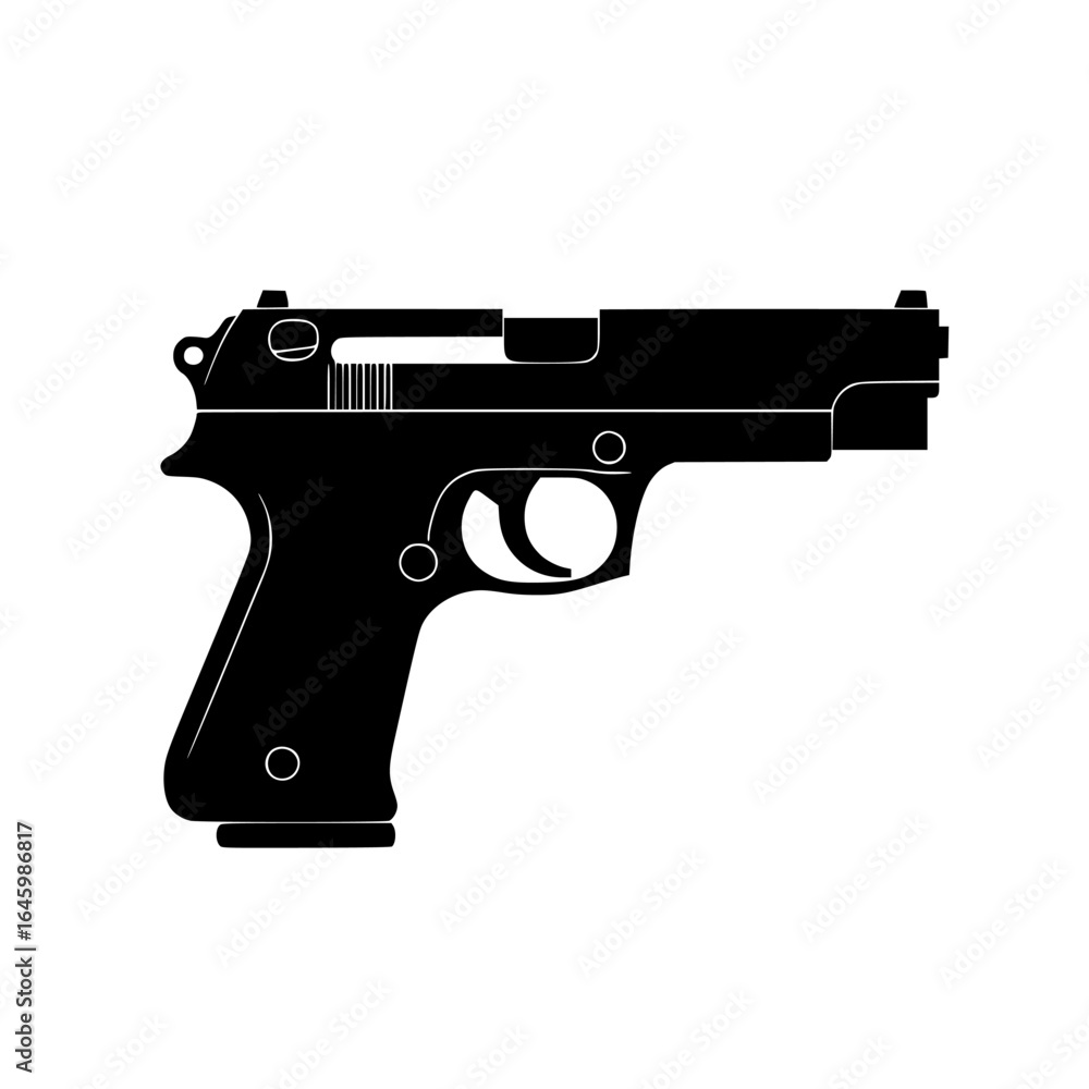 Poster black silhouette of a handgun displayed on a white background showcasing its design and structure in