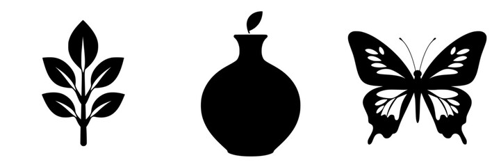 Stylized silhouettes of leaves, a vase, and a butterfly in black on a white background emanating nature and creativity
