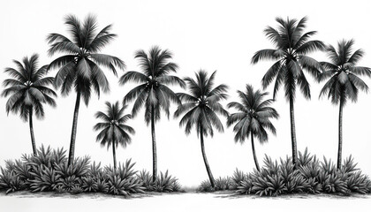 Detailed pen, ink illustration of tropical palm tree grove. Black, white botanical drawing foliage, fronds, tree trunks creating oasis scene. Monochrome artwork conveys calmness, natural beauty.