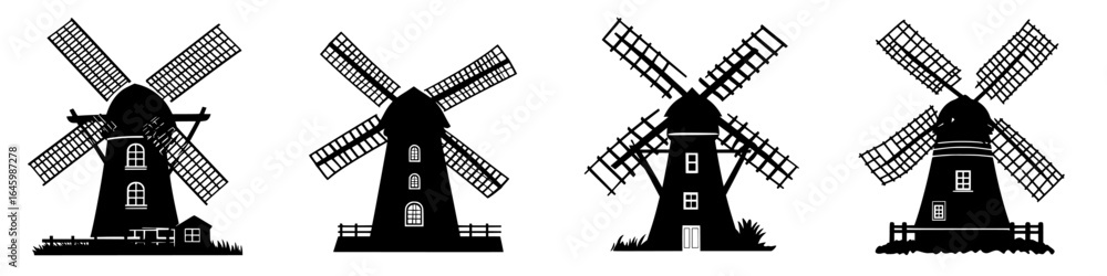 Poster various traditional windmill designs with distinct styles and features suitable for different landsc