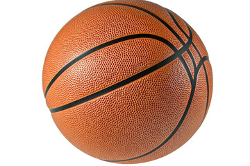 Closeup of a basketball with black lines, isolated on transparent background