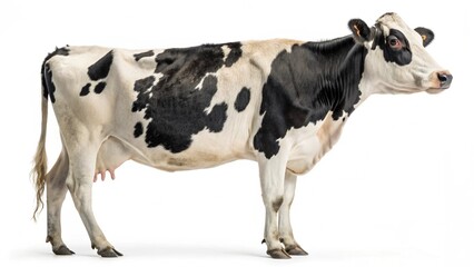 A lone black and white dairy cow stands with its calf in a green pasture