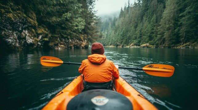 Person kayaking on a calm river surrounded by lush green forests. - Powered by Adobe