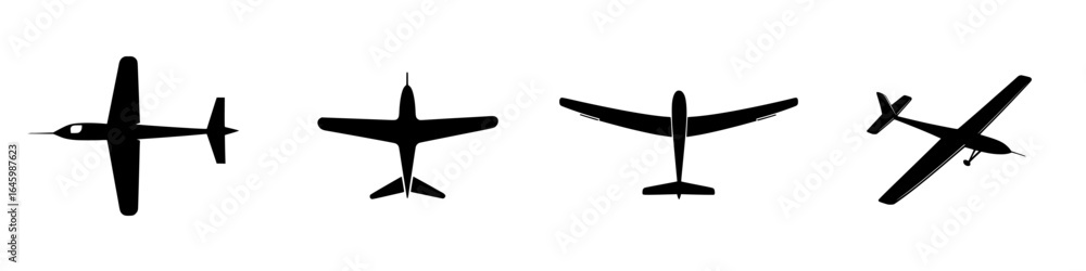 Poster various types of aircraft silhouettes displayed in a row showcasing different designs and forms