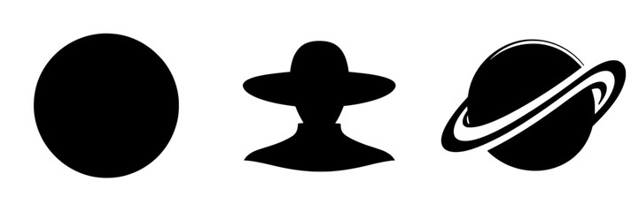 Abstract representation of space themes featuring a planet, a figure, and a ringed planet in a minimalist style