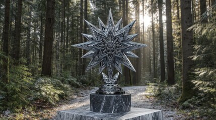 Silver Star Sculpture on Marble Base Surrounded by Forest