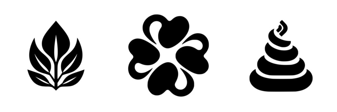 Unique black silhouette icons representing nature, growth, and humor in a minimalistic style