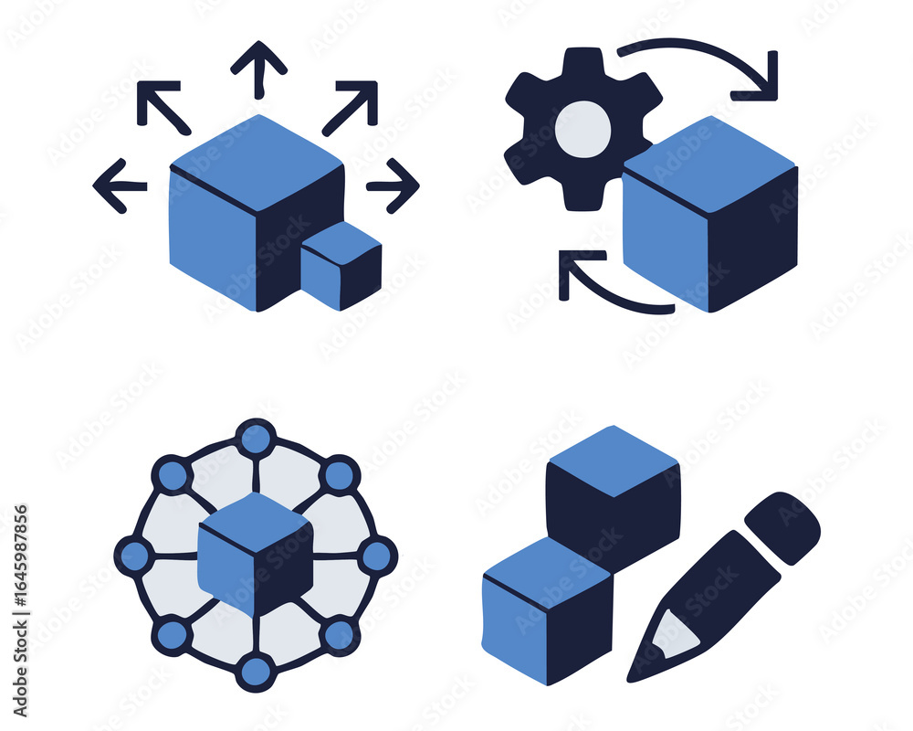 Poster isometric icons representing business processes including expansion automation networking and creati
