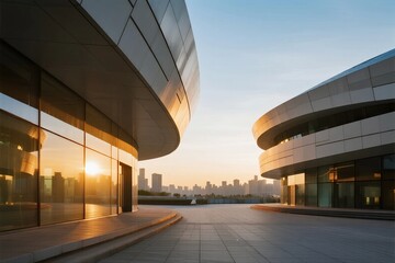 Modern curved architecture with glass facades under a sunset sky, featuring urban skyline in the background.