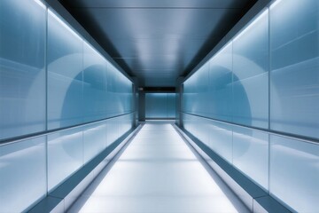 Obraz premium A sleek, modern glass corridor with LED lighting, featuring smooth surfaces and symmetrical perspective, exuding a futuristic and minimalist vibe.