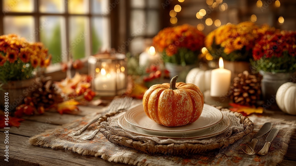 Poster a table with a pumpkin on it and candles in the background. the table setting is for a fall dinner