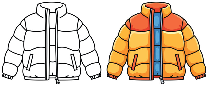 Puffer jacket vector illustration showing black and white outline and fully colored version of a warm winter coat with orange, yellow, and blue sections in a flat cartoon style