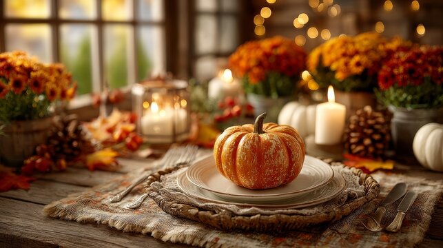 A table with a pumpkin on it and candles in the background. The table setting is for a fall dinner