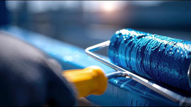 Close-up of a paint roller applying bright blue paint to a metal railing in sunlight