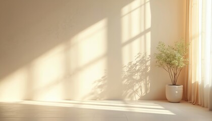 Minimalist interior with gentle beige wall, showcasing soft sunlight and shadow patterns from window curtains. Potted plant adds touch of green to bright, clean space, perfect for product placement.