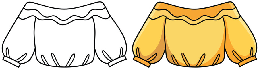 Off-shoulder blouse vector illustration showing black and white outline and fully colored version of a stylish long-sleeved top with ruffled neckline and puffed sleeves