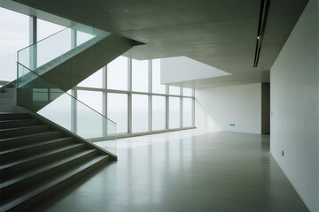 Fototapeta premium A bright, minimalist interior space featuring a sleek glass staircase and expansive windows allowing natural light to flood the area.
