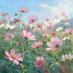 A lush field filled with vibrant pink cosmos flowers under a clear blue sky, showcasing nature's serene beauty in full bloom.