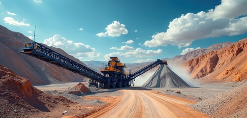 Industrial machinery processes cobalt, nickel ores in desert landscape. Conveyor belts transport raw materials to crushers, breaking into fine powder for battery production. Scene highlights mining