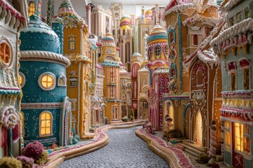 Naklejka premium Elaborate Gingerbread Cityscape with Intricate Icing Details and Cobblestone Street