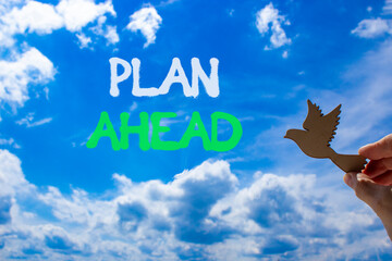 Plan ahead symbol. Concept word Plan ahead on beautiful blue sky. Businessman's hand with wooden...