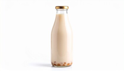 Glass bottle with black cap containing light brown beverage on white background