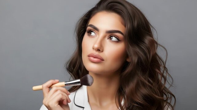 A beautiful young woman with wavy brown hair and perfect makeup holds a makeup brush to her lips, looking thoughtfully to the side