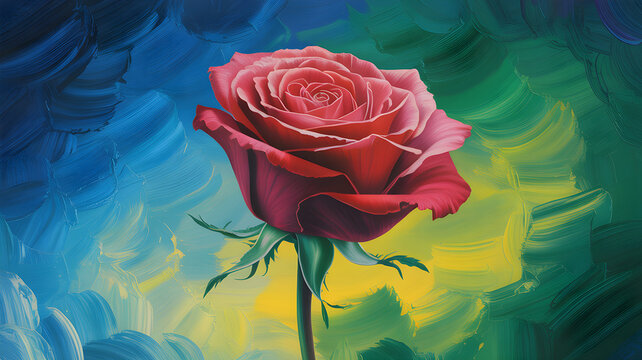 Crimson rose blooming on colorful impasto background