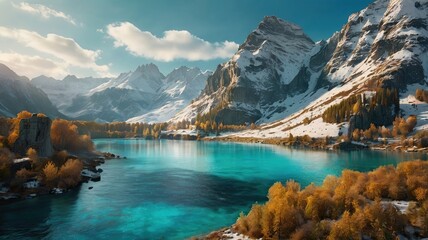 Majestic Mountain Lake in Autumn with Snowy Peaks – Generative AI
