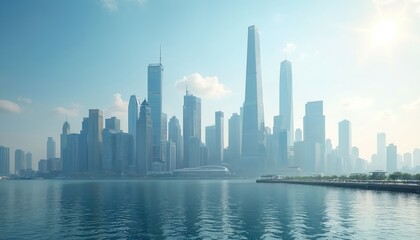 Obraz premium Modern skyscrapers dominate city waterfront. Blue sky, calm water reflect towering glass buildings in urban landscape. Business district, real estate development visible. City skyline features