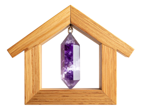 Front View Purple Amethyst Pendant with Wooden House Frame, Isolated on Transparent Background