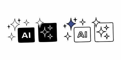 Illustration featuring ai icons with sparkling elements in black and white and blue color scheme design on transparent background