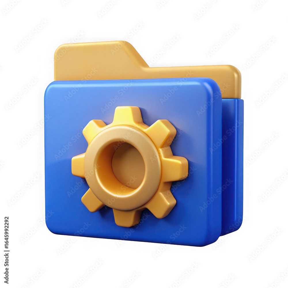 Poster blue folder icon with golden gear symbol on black background file document isolated on a transparent